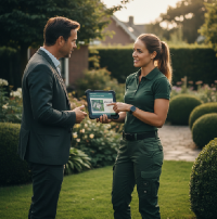 Tuinaannemer bespreekt een aanvraag met een klant in de tuin
