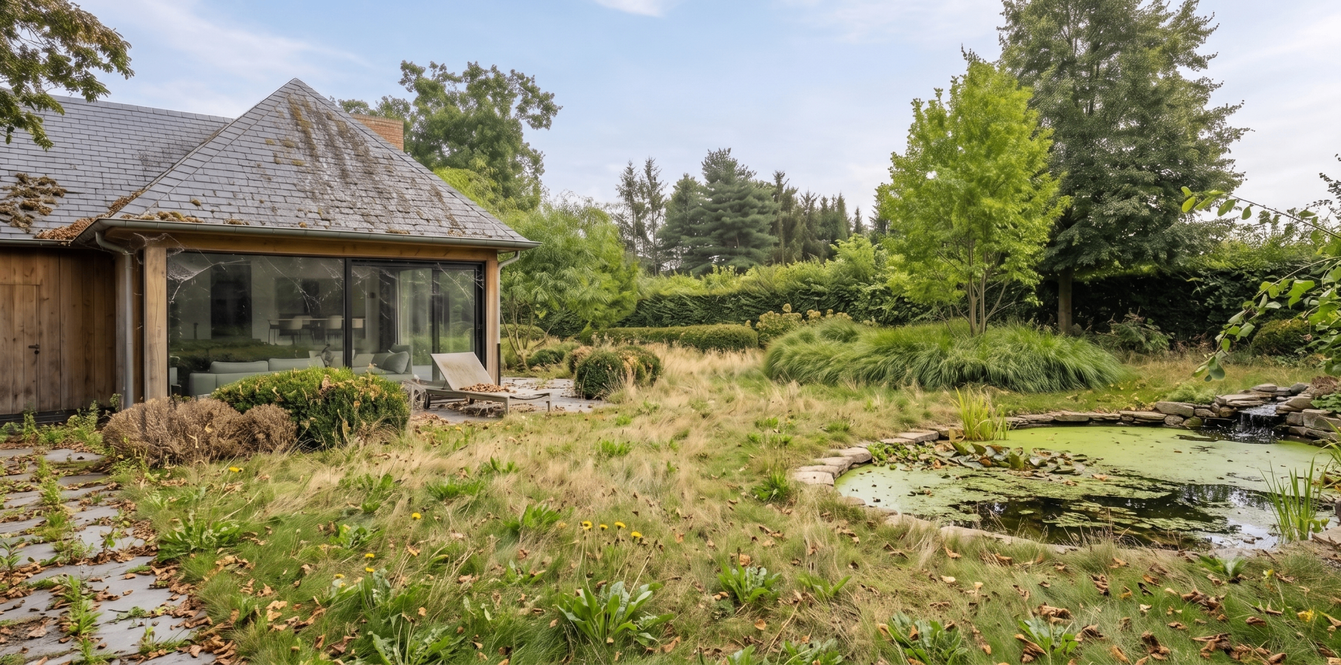 Verwaarloosde tuin met overwoekerde vijver — zonder onderhoud